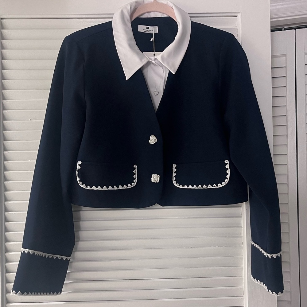 LINE Cropped Straight Cut Navy Blazer Shirt Top in Size M - Picture 3 of 6